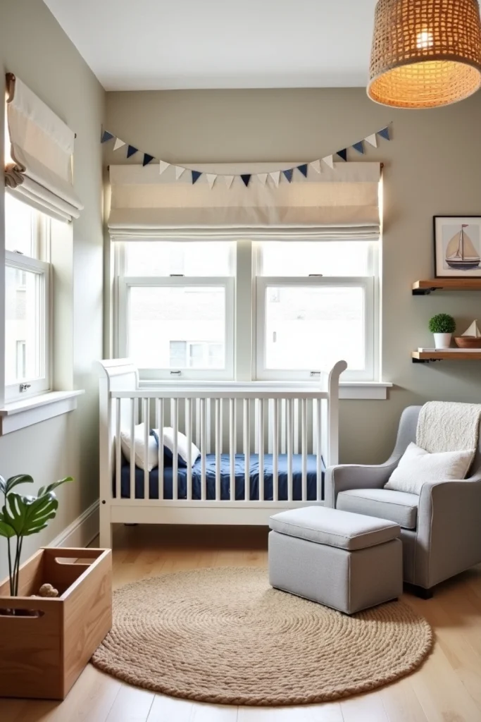Sailboat nursery with blue-white bunting, sailboat toy box, crib, and soft nautical decor accents.