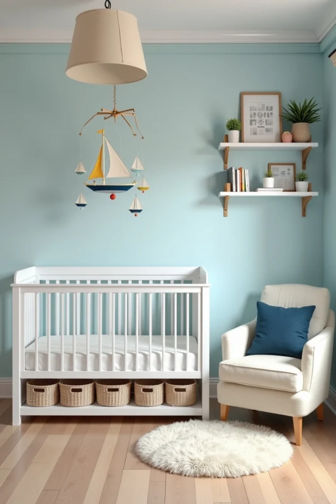 Sailing nursery with blue walls, boat mobile over crib, rope-trim shelves, and cozy reading nook.