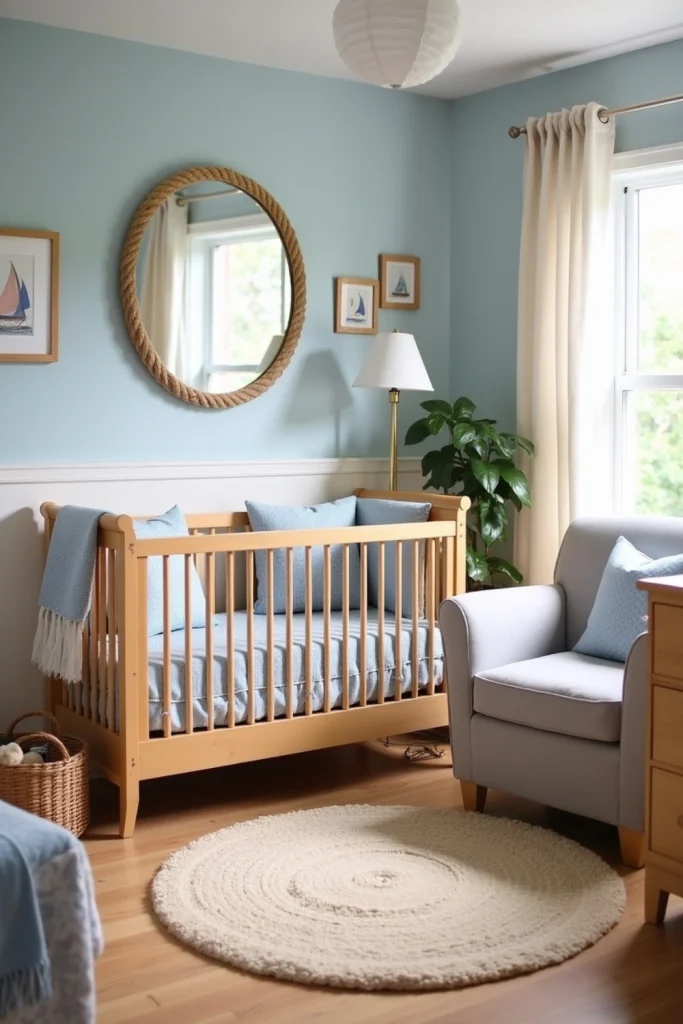 Sailing nursery with wave-striped bedding, light oak crib, pale blue walls, and calm coastal decor.