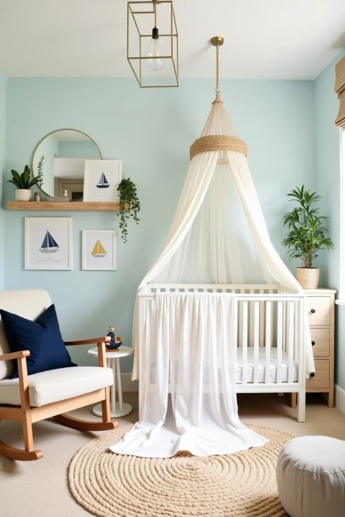 Sailing nursery with sail canopy, rope-wrapped mirror, driftwood shelves, and soft blue coastal tones.