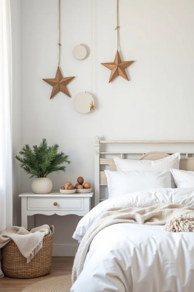 Scandinavian Christmas bedroom with white bedding, wooden stars, pine greenery, and minimal decor.