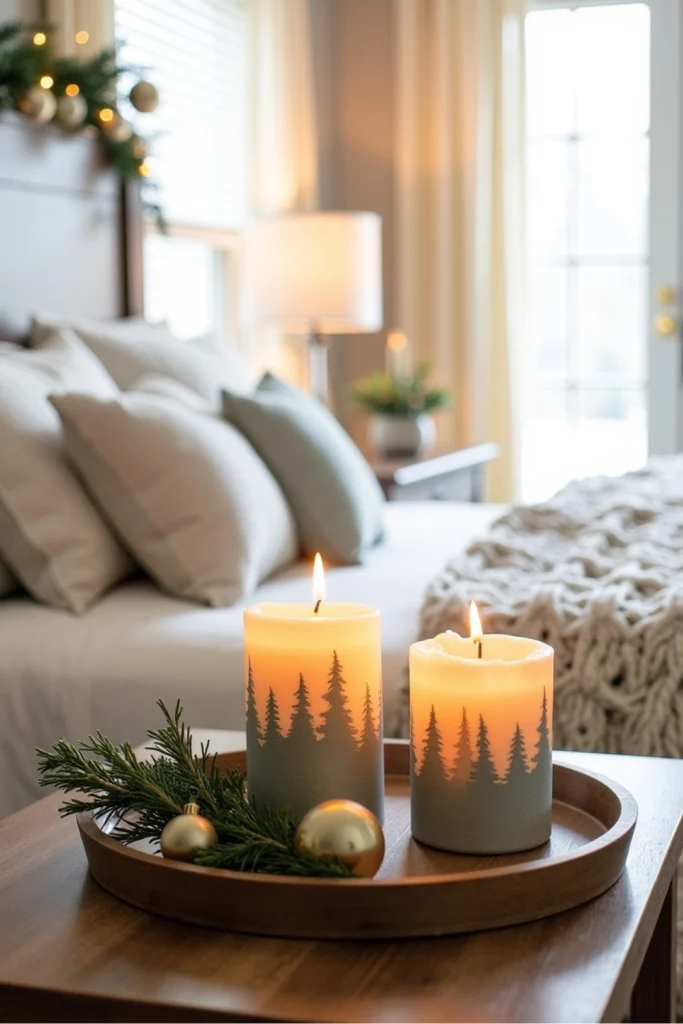 Christmas bedroom nightstand with pine candles, festive holders, mini ornaments, and warm cozy glow.