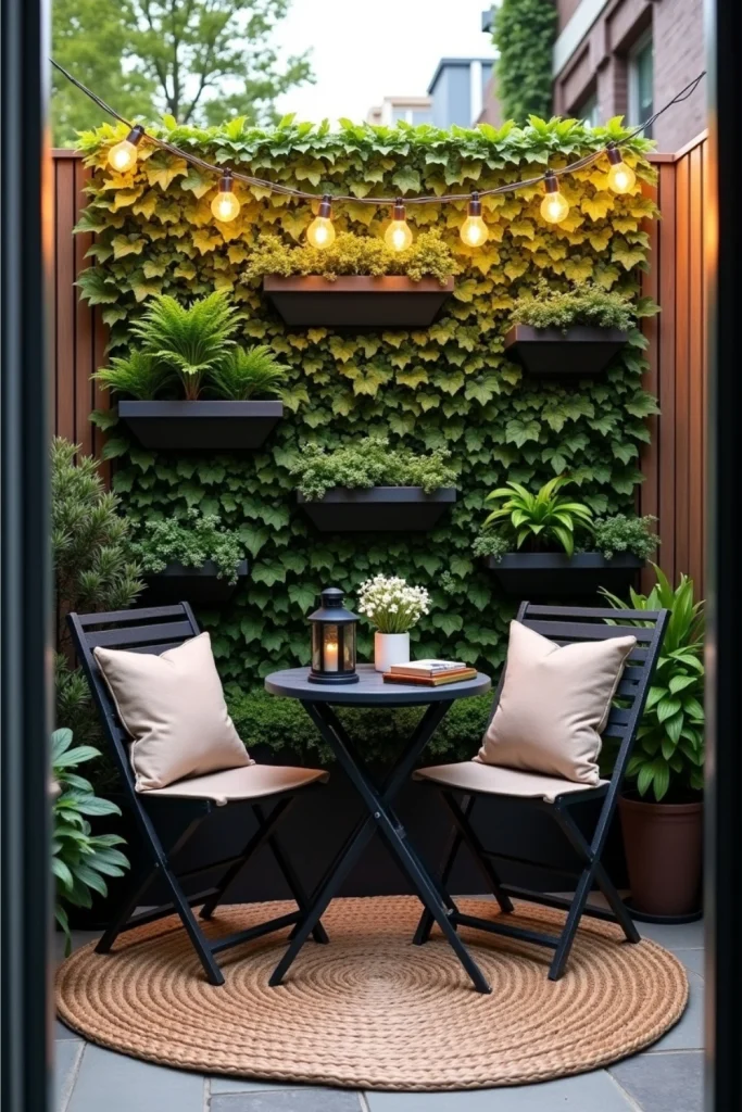 Small patio with vertical garden wall, bistro table, foldable chairs, and string lights for cozy greenery.