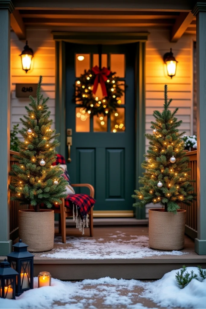 Small porch with mini Christmas trees in burlap pots, fairy lights, lanterns, and a festive wreath.