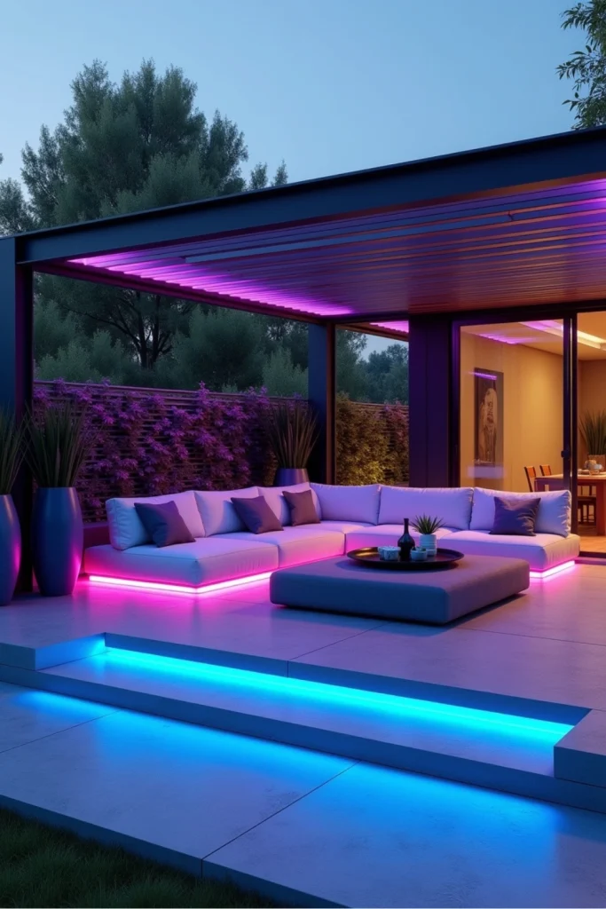 Futuristic smart patio with LED lighting, sleek furniture, concrete pavers, and app-controlled ambience.