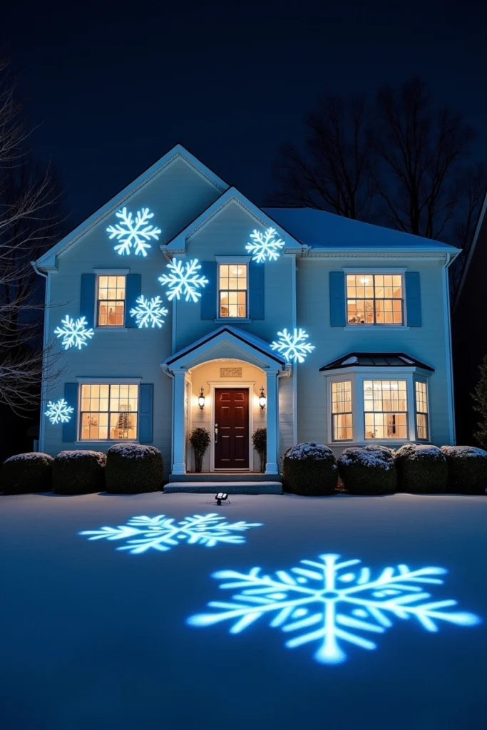 House exterior decorated with projected glowing snowflake lights, creating a modern winter wonderland Christmas display.