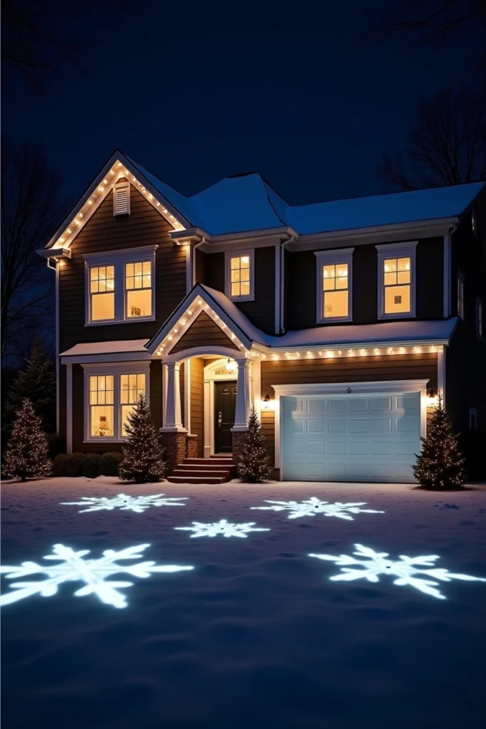 "Snowflake projections on house walls with roofline lights for a modern Christmas exterior display."