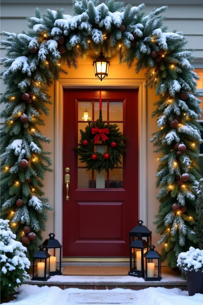 Front door decorated with a snowy evergreen garland arch, icicle lights, pinecones, and red berries for a festive winter wonderland look.