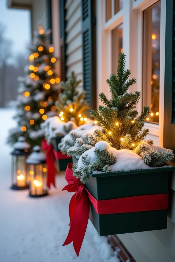 Snowy window boxes with mini evergreens, fairy lights, and red ribbons for festive charm.