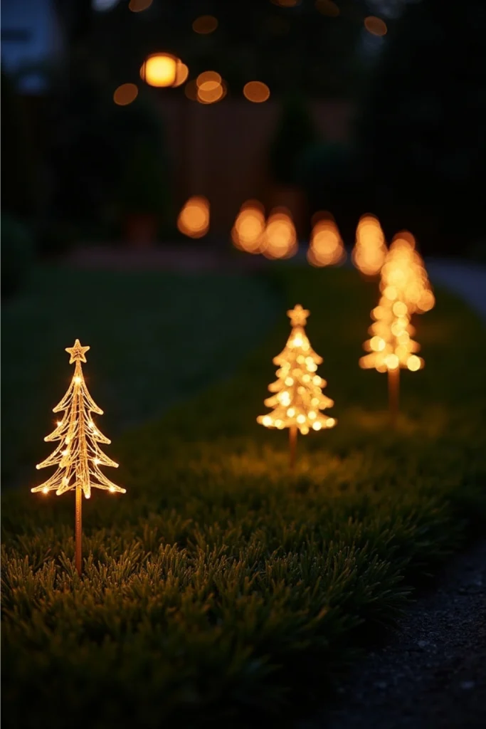 "Garden glowing with solar-powered holiday stake lights shaped like stars and trees for festive charm."