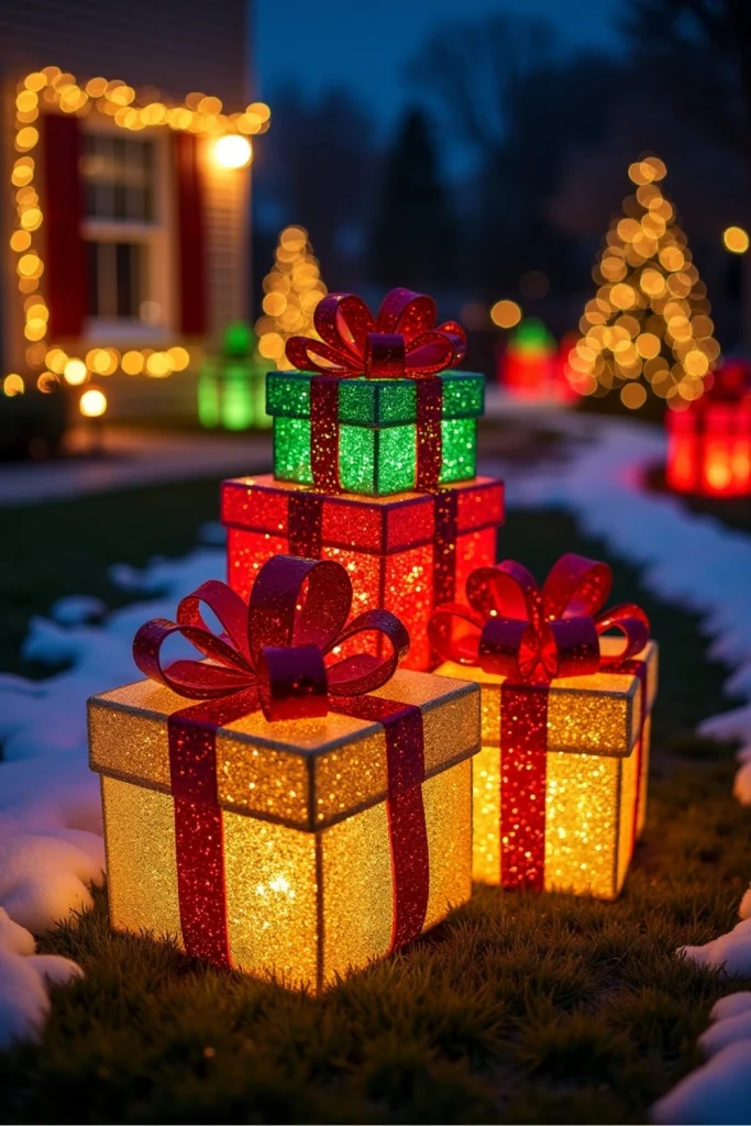 Stacked glowing gift boxes on a snowy lawn as cheerful outdoor Christmas yard decorations.