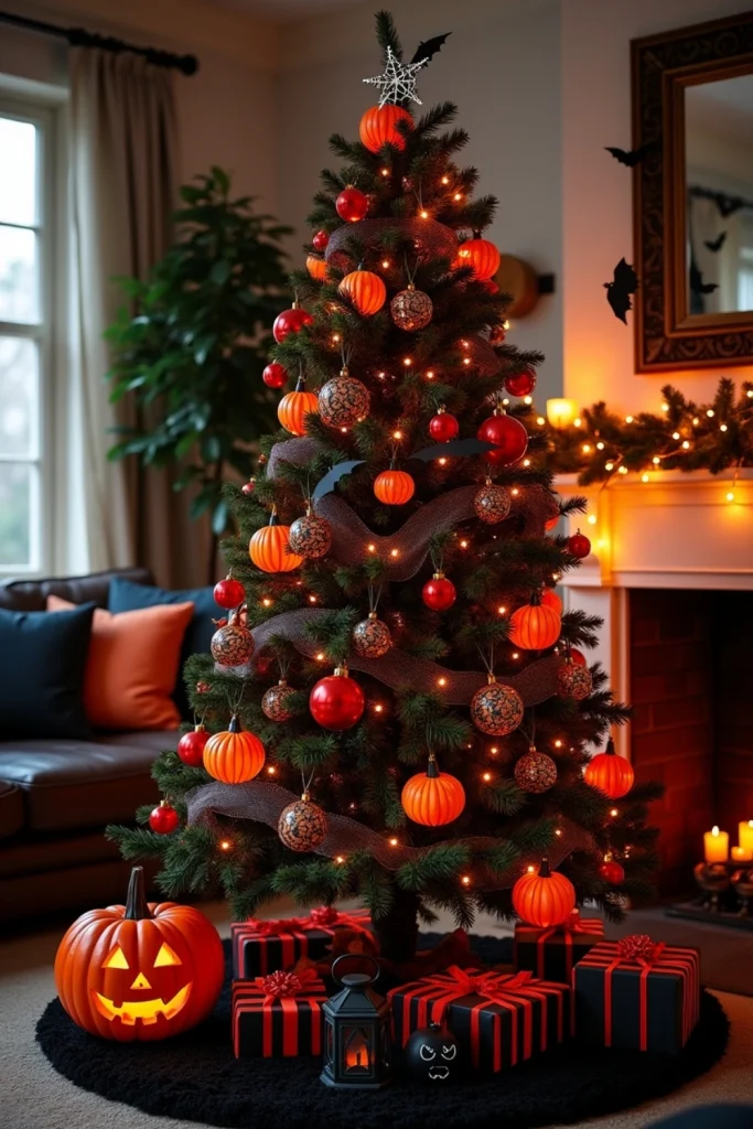Black Christmas tree with pumpkins, bats, red ornaments, and glowing lights for spooky festive style.
