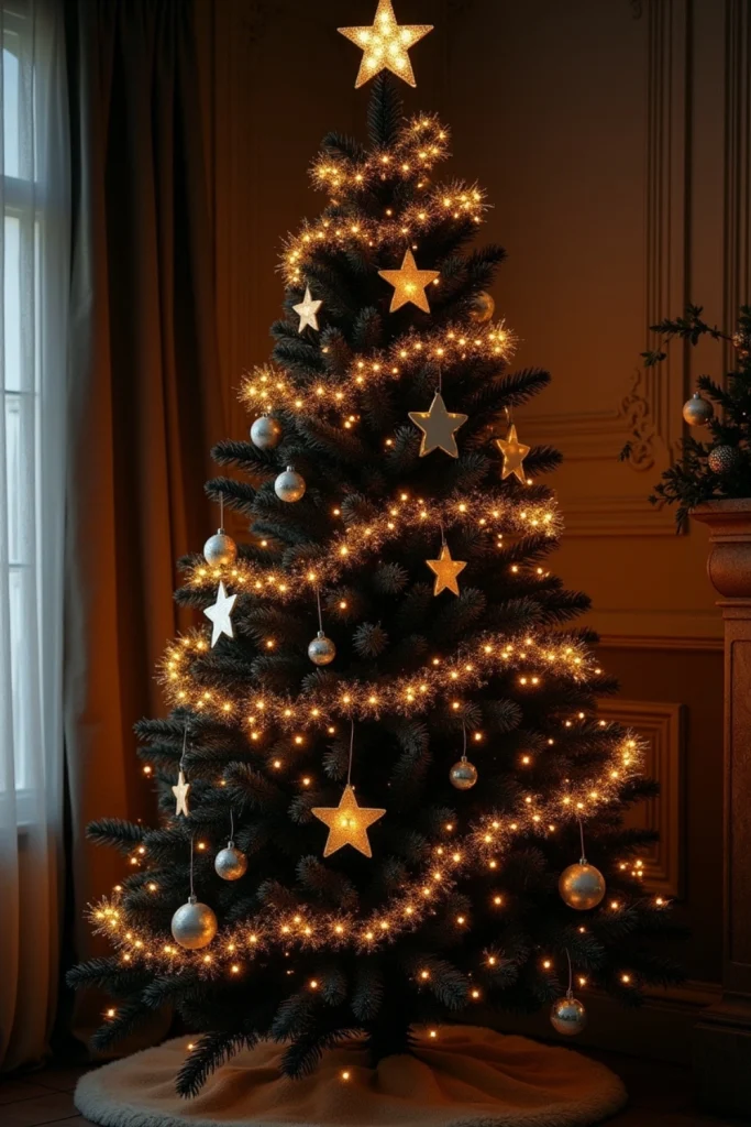 Black Christmas tree with gold star garlands and moon ornaments for a dreamy night-sky holiday vibe.