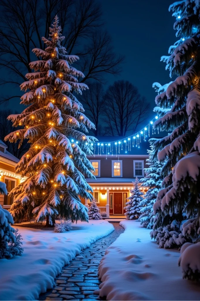 "Trees wrapped in warm white and blue LED lights forming a starry canopy for a magical holiday yard."