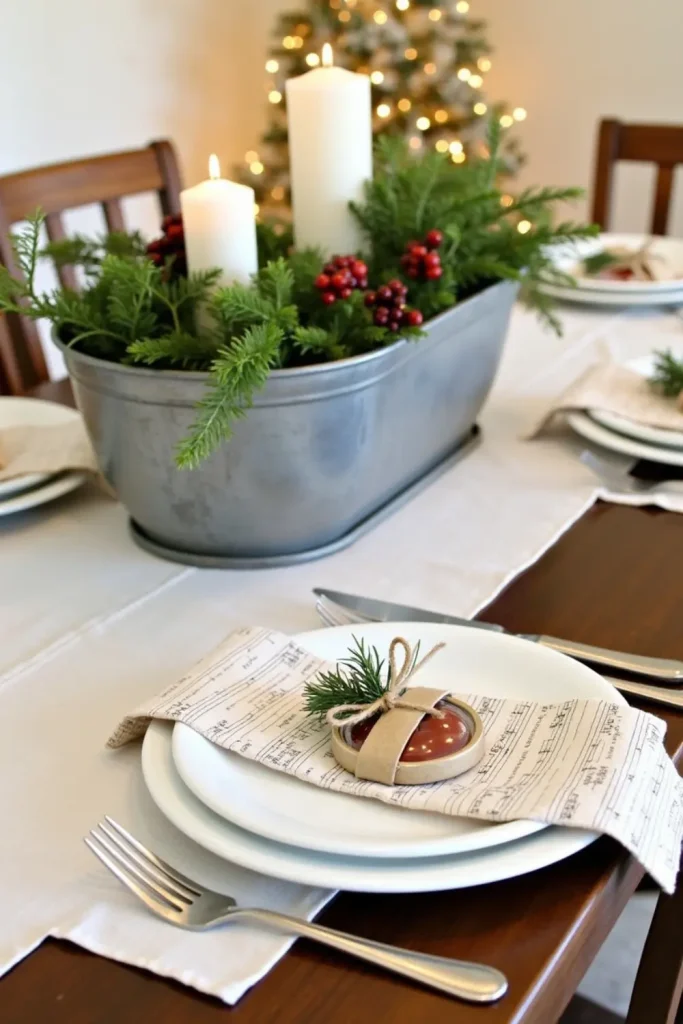 Farmhouse Christmas table with flour sifter centerpiece, sheet music mats, and jar lid favors.