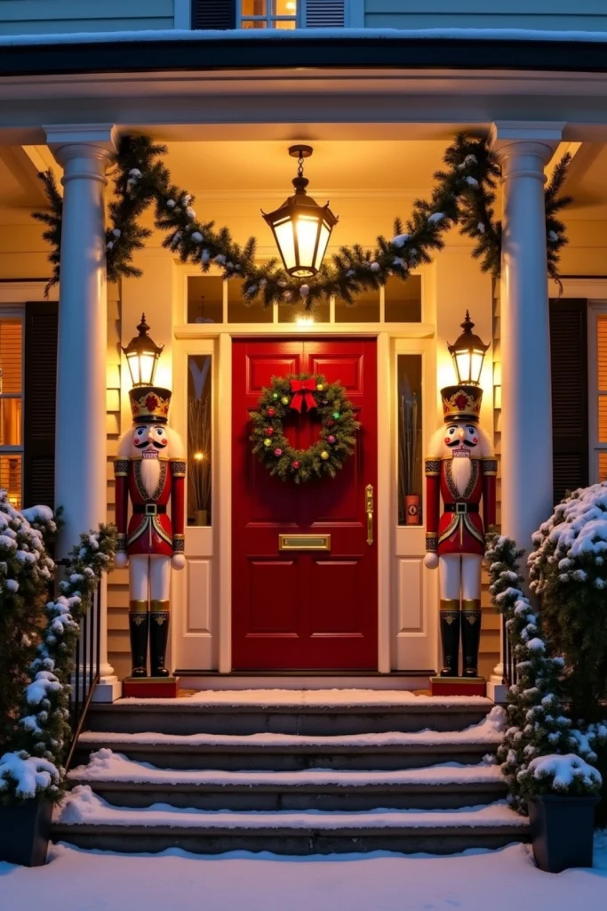 "Front porch with tall nutcracker statues lit from below, adding regal, classic Christmas entryway charm."