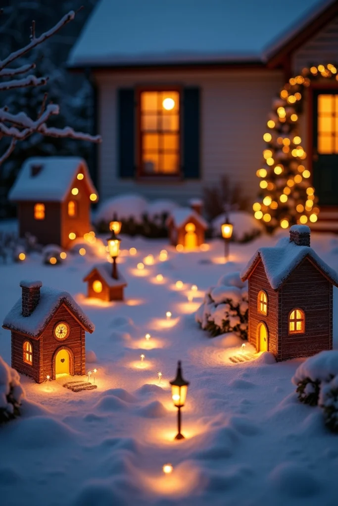 "Mini glowing Christmas village with lit houses and pathway lights creating a snowy winter wonderland."