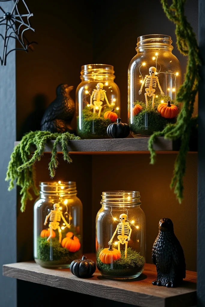 Recycled jars with moss, skeletons, pumpkins, and fairy lights styled as spooky Halloween shelf decor.