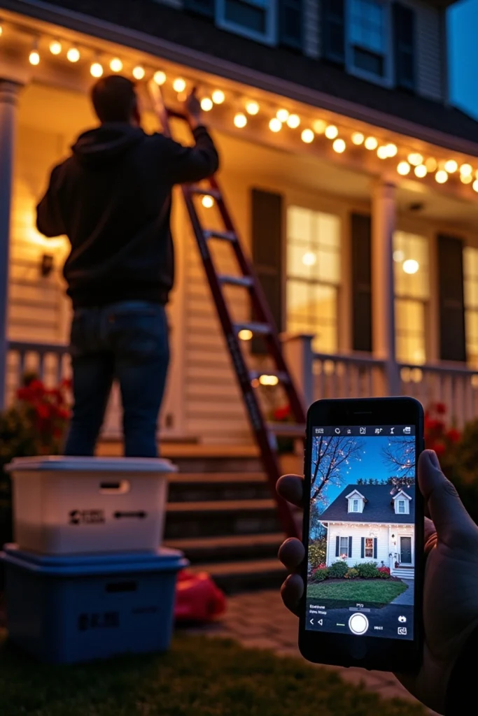 "Person hanging Christmas lights with clips, GFCI outlet, storage bins, and AR preview on phone."