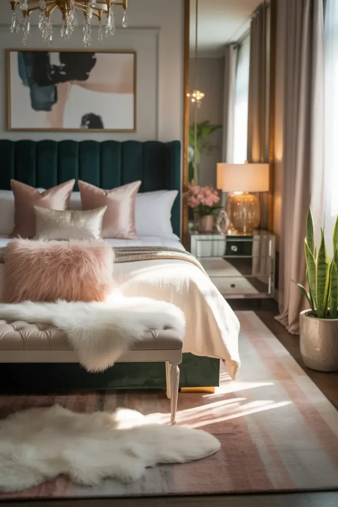 Emerald velvet headboard with glam gold decor, mirrored nightstands, and faux fur accents in bedroom.