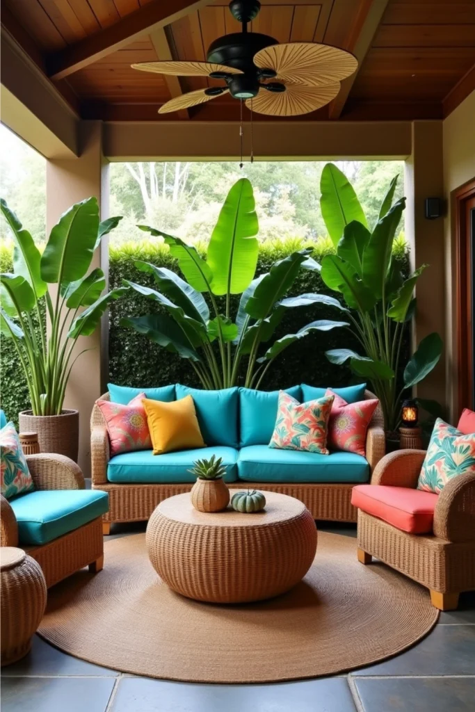 Tropical lanai with bamboo furniture, colorful cushions, potted palms, and lanterns for a resort-style patio.
