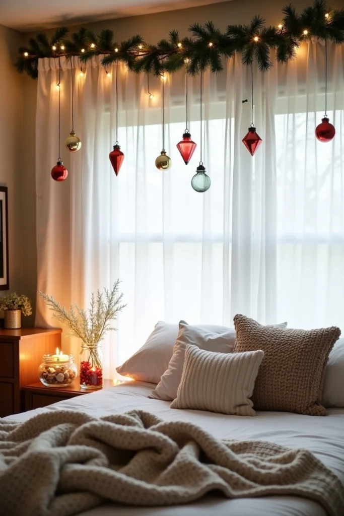 Eco-friendly Christmas bedroom with thrifted ornaments hung on curtain rods and in mason jars with lights.