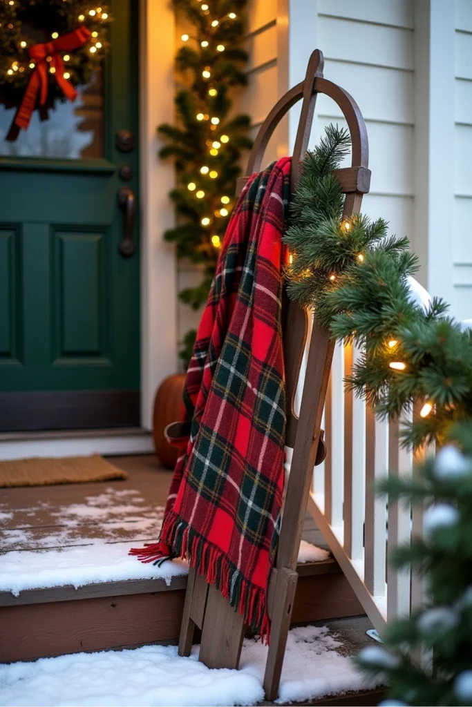 Vintage wooden sled decorated with greenery, lights, and a plaid blanket leaning on a cozy Christmas porch.