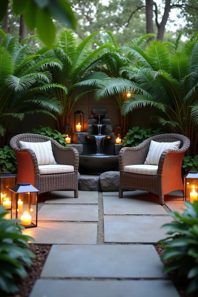 Backyard patio with solar fountain, stone pavers, lush ferns, and cozy seating for a serene retreat