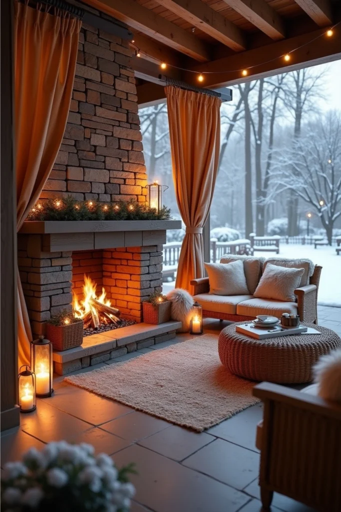 Winter patio with heated floors, fireplace, and cozy blankets for a warm outdoor retreat in cold weather