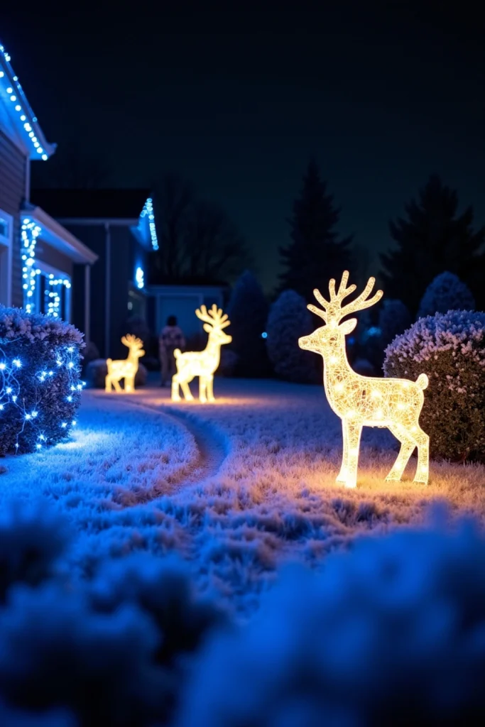 "Front yard winter scene with glowing deer figures and blue lights for a classic Christmas display."