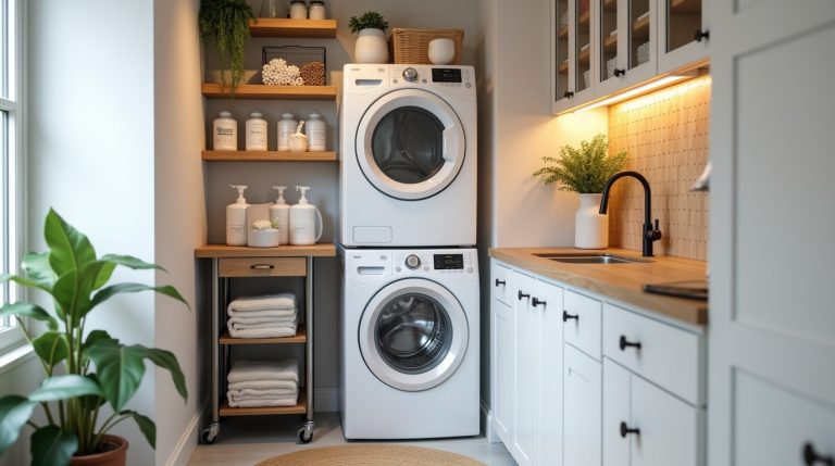 "Compact laundry room with stacked appliances, rolling cart, shelves, and clever storage ideas."