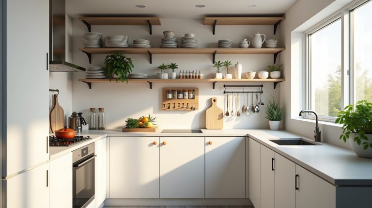 Small kitchen with vertical storage, fold-down table, open shelves, pegboard, and light countertops.