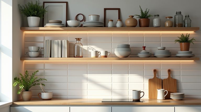“Stylish modern kitchen with floating shelves, layered items, herbs, cookbooks, and warm LED lighting.”