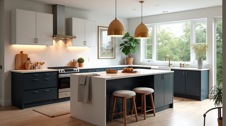 Modern kitchen blending Japandi and luxury styles, with functional island, bold cabinets, and greenery.