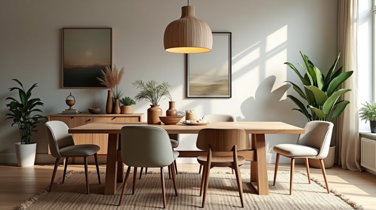 Versatile dining room with wooden table, upholstered chairs, plants, layered rugs, and warm lighting.