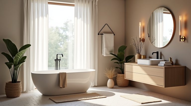 Luxurious bathroom with soft neutrals, freestanding tub, mixed-metal fixtures, and cozy spa-like touches.