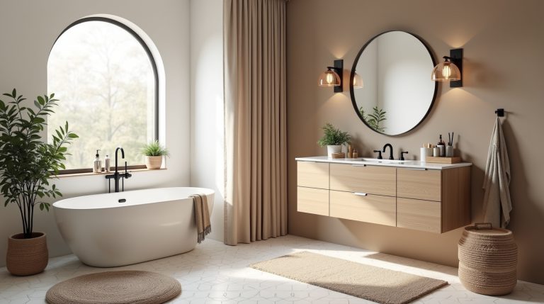 Stylish 2025 bathroom remodel with freestanding tub, neutral tones, mixed-metal fixtures, and cozy accents.