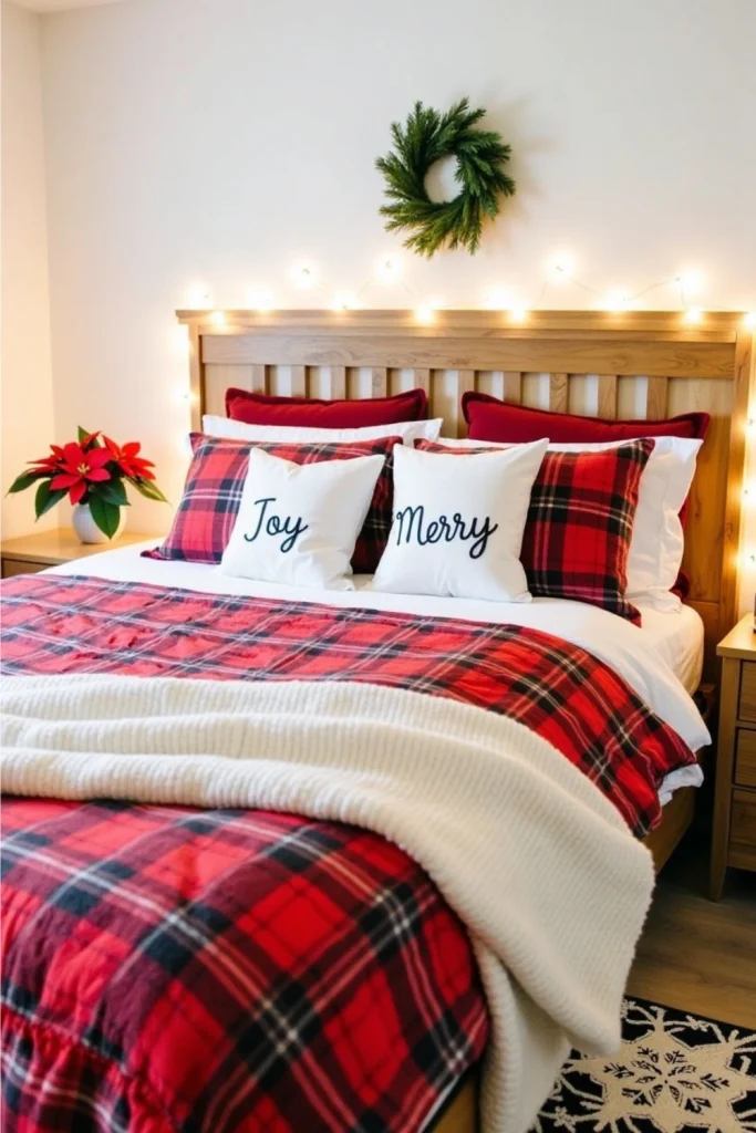 Christmas bedroom with festive bedding, “Joy” pillows, wreath, string lights, poinsettias, and rug.