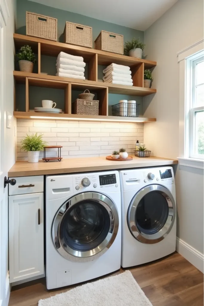 Budget-friendly laundry room with peel-and-stick backsplash, crate shelves, wire baskets, and accent wall.