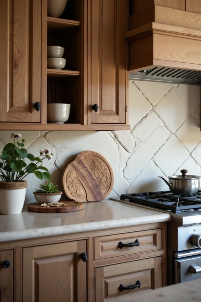 Rustic kitchen with hand-carved cabinets, custom tiles, and a handcrafted item as focal point.