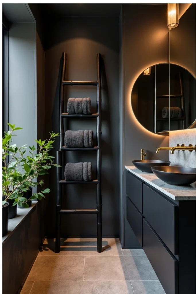 Black bamboo racks with gold fixtures and greenery create a calm, eco-friendly zen bathroom style.
