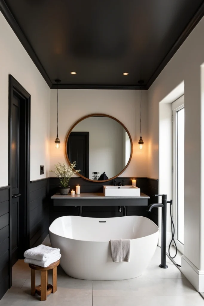 Bathroom with a bold matte black ceiling, pendant lighting, light walls, and spa-inspired modern design.