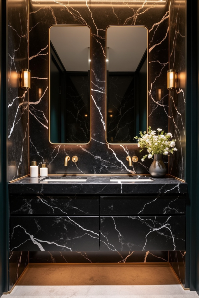 Elegant black marble vanity with white veins, backlit mirror, and brass hardware for luxury style.