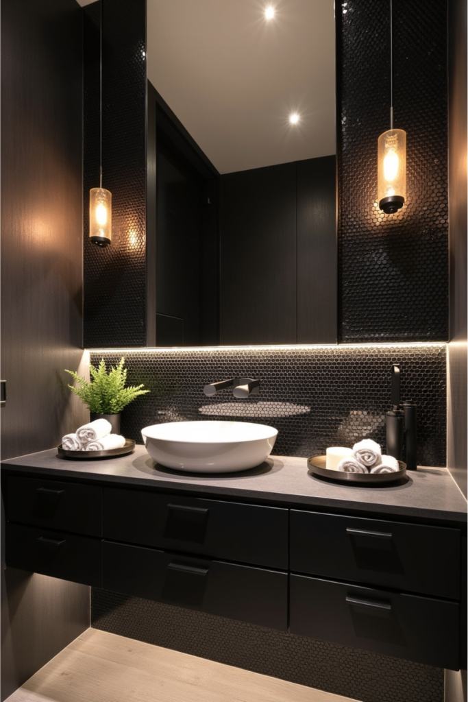 Black mosaic tile bathroom wall with metallic grout, white vessel sink, and boutique hotel-inspired design.