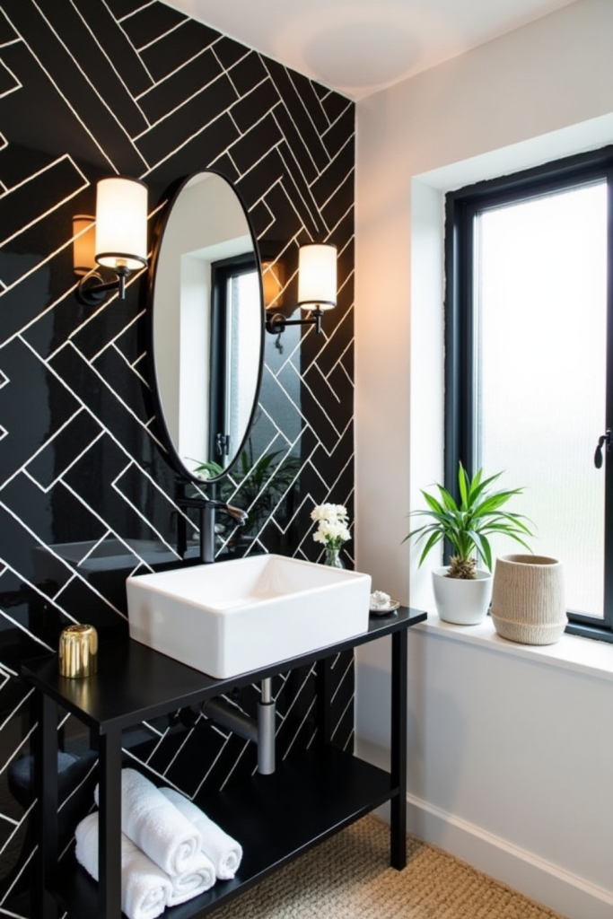 Bathroom with black subway tiles in herringbone pattern, white sink, and matte black fixtures for style.