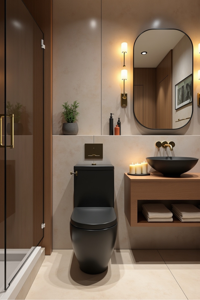 Modern bathroom with a black toilet, gold accents, neutral tiles, and wood details for spa-like elegance.