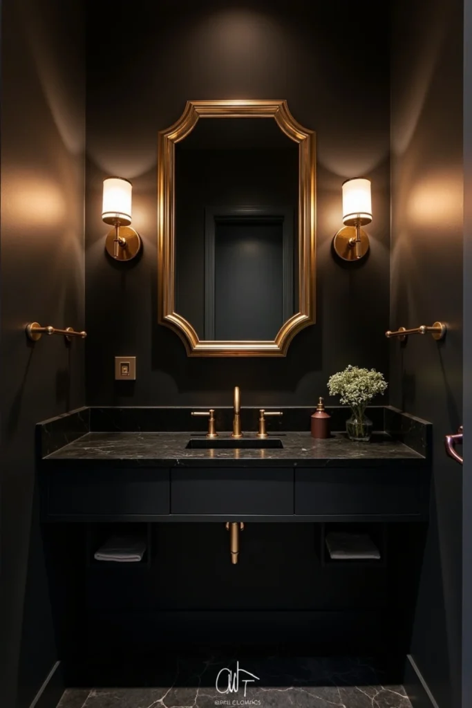 Black bathroom with gold hardware, gold-framed mirror, and rose gold accents for a luxe, modern glam look.