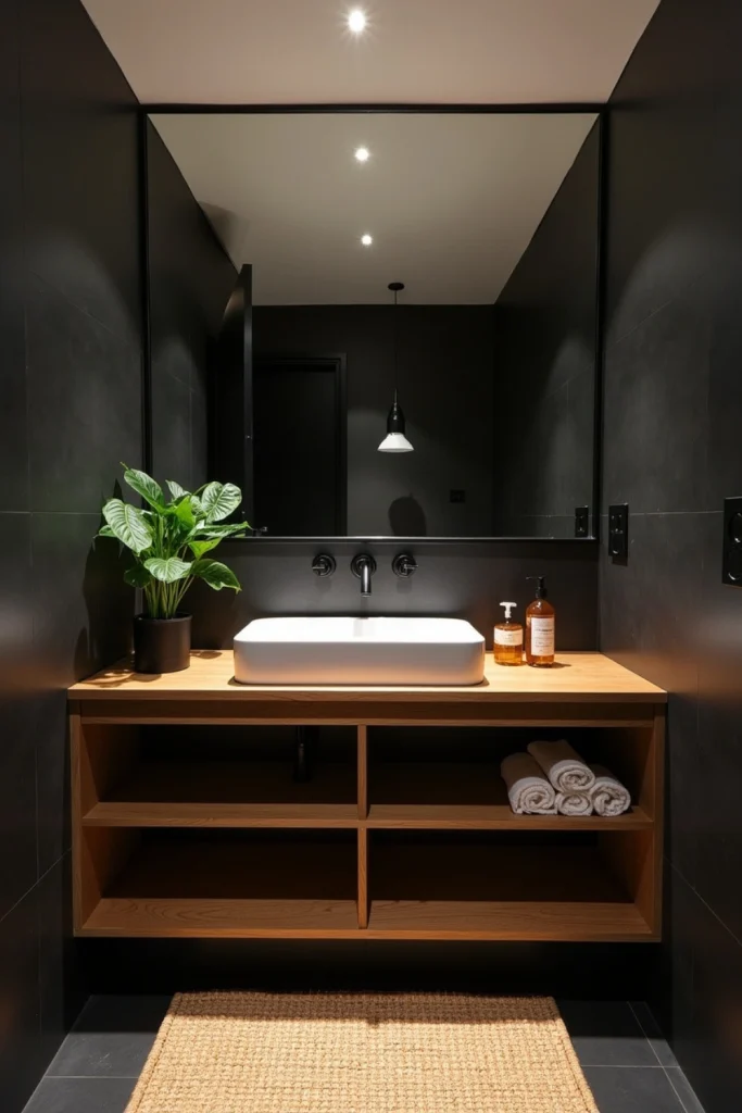 Black tiles with teak vanity, wood mat, and pothos plants create a warm, modern bathroom contrast.