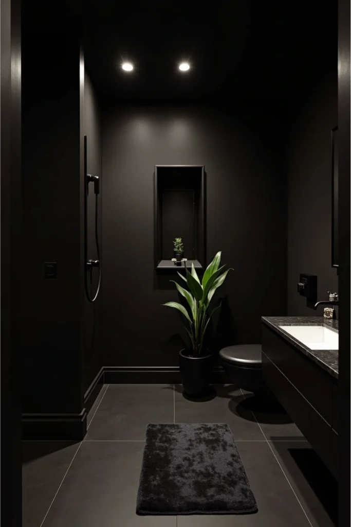 All-black bathroom with matte walls, glossy floors, recessed lighting, velvet rug, and black ZZ plant.