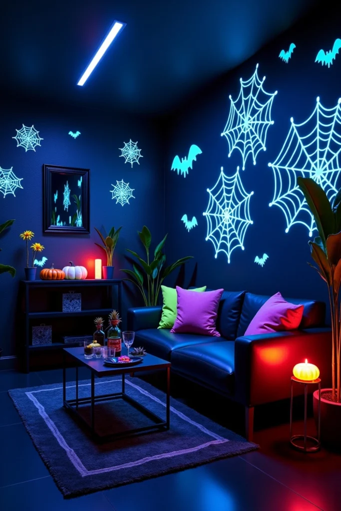 Neon spiderweb wall art glowing under blacklight in a dark, modern Halloween party room setup.